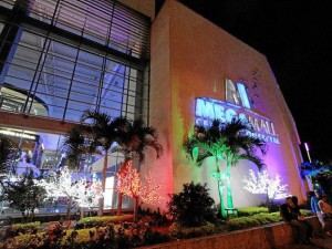 Las palmas del exterior del centro comercial tienen luces de colores.