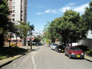 Vista de la calle 48 desde la carrera 38. Esta vía sentido occidente - oriente comunica al Centro con Sotomayor, Cabecera, la Unab y la avenida El Jardín que confluye en Pan de Azúcar. Por la 48 pasan 3 rutas de buses, una de ellas la AQ4 de Metrolínea