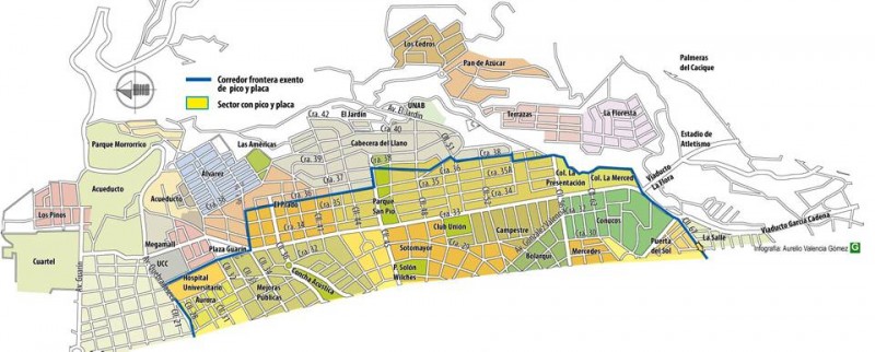 Mapa de limitación del pico y placa en Bucaramanga.