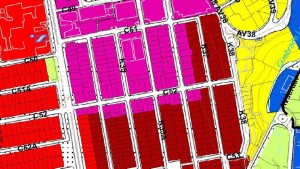 En el mapa del POT, la zona fucsia pertenece a la de múltiple centralidad M-1, la roja oscura es C-1, es decir zona comercial y de servicios empresariales, y la roja clara (carrera 33) C-2 o comercial y de servicios livianos o al por menor