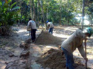 Trabajadores de la CDMB limpiaban el lodo y la arena que fueron arrastrados hasta el parque La Flora.